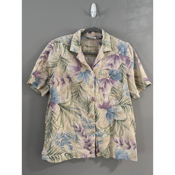 Alfred Dunner Petite Floral Linen Blend Short Sleeve Button Up Shirt 14P - Picture 1 of 5